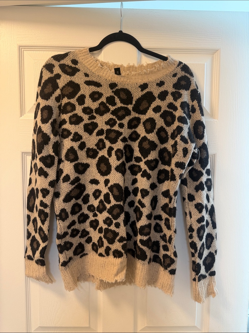 Aqua Leopard Print Crewneck Sweater - Beige & Black
